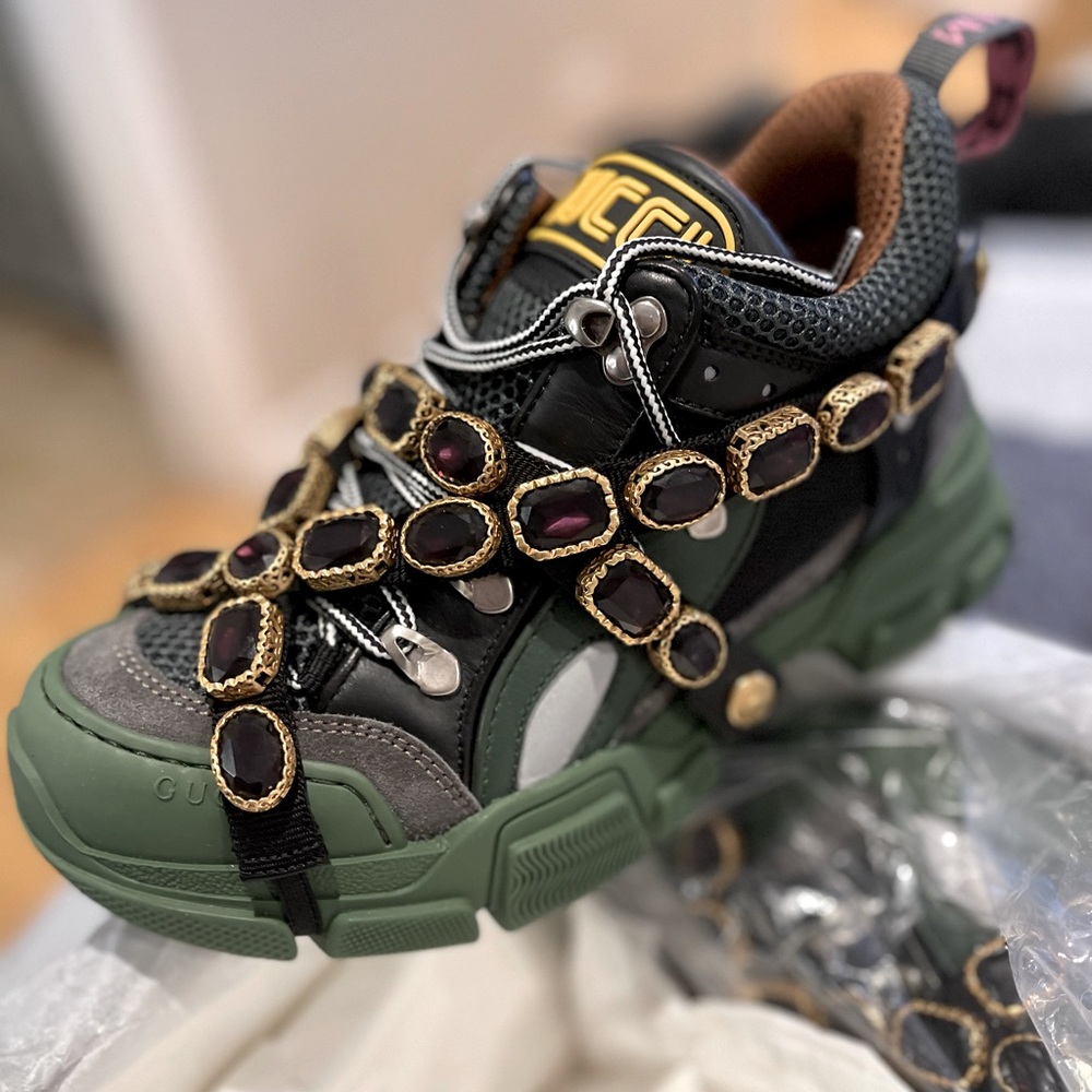 Gucci Womens Flashtrek Removable Crystals “Green” Sneakers